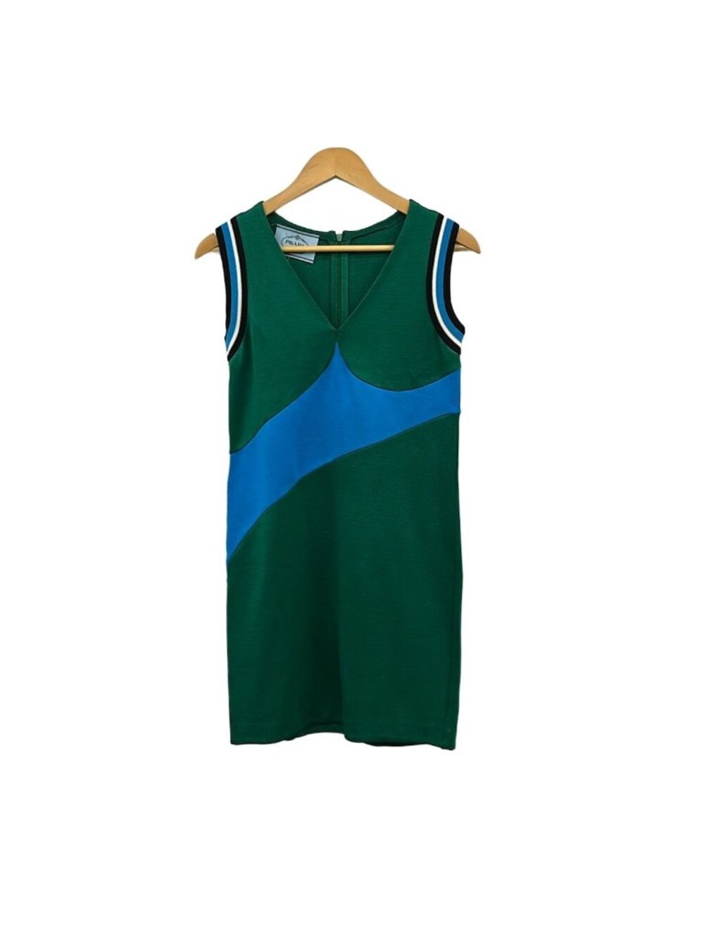 Prada Dress S Green Blue Black V-neck Sleeveless Knee-Length